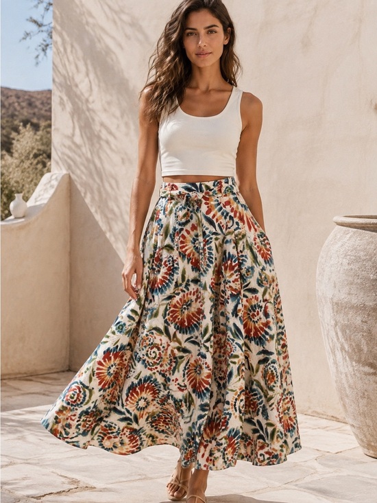 Stella Forest Dresses & Skirts - STELLA FOREST Floral Cotton Maxi Skirt Tie Waist Pockets Boho